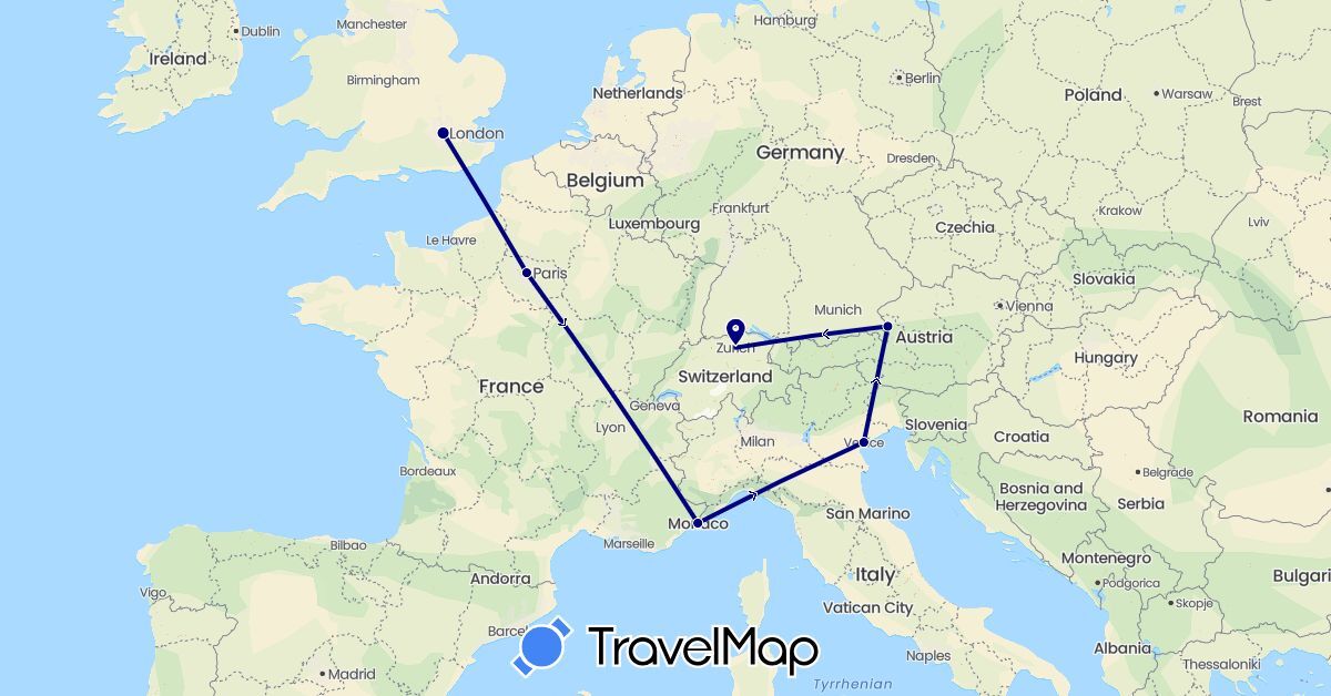 TravelMap itinerary: driving in Austria, Switzerland, France, United Kingdom, Italy, Monaco (Europe)